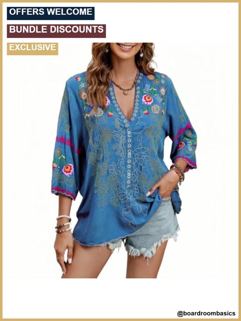 Peasant Blouse Embroidered 3/4 Sleeve V Neck Tunic Boho Top